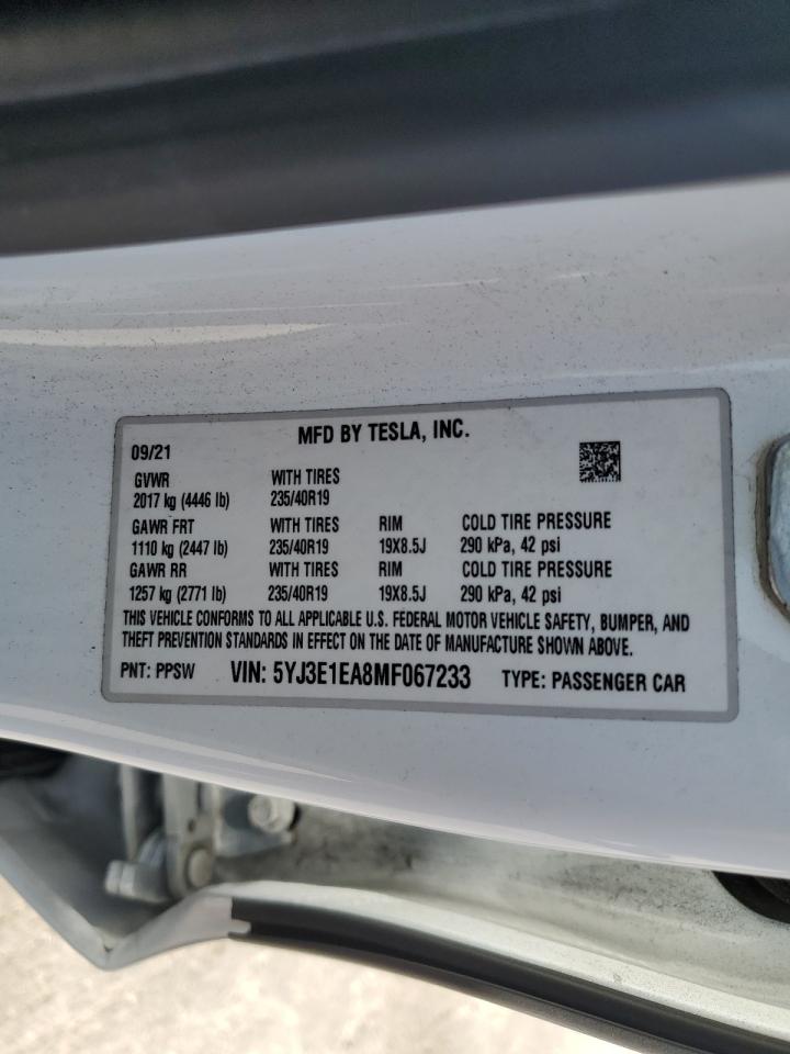 2021 Tesla Model 3 VIN: 5YJ3E1EA8MF067233 Lot: 69382885