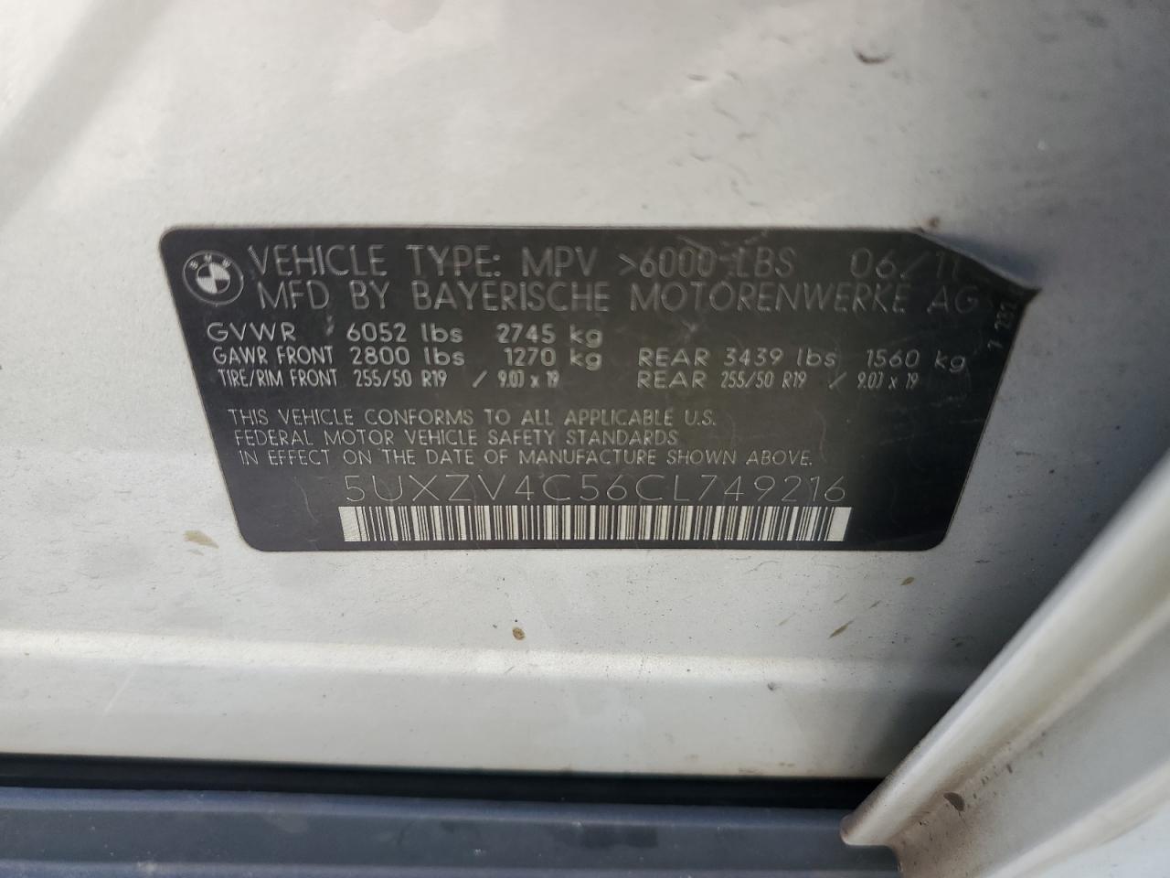 2012 BMW X5 xDrive35I VIN: 5UXZV4C56CL749216 Lot: 70487615