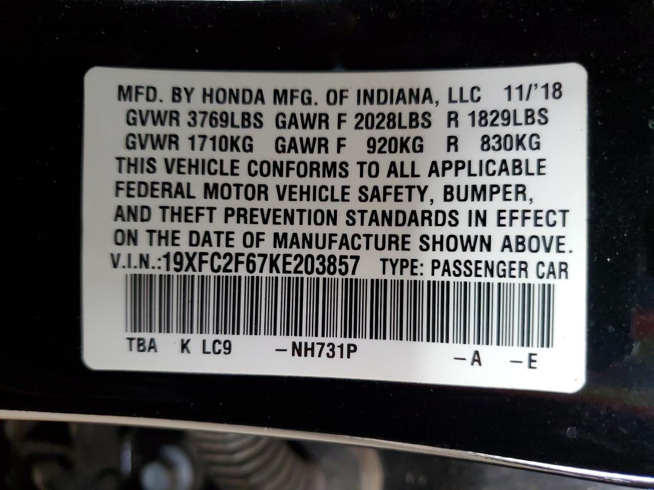 2019 Honda Civic Lx VIN: 19XFC2F67KE203857 Lot: 71043205