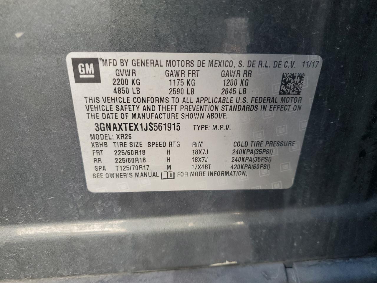 2018 Chevrolet Equinox Lt VIN: 3GNAXTEX1JS561915 Lot: 68659885