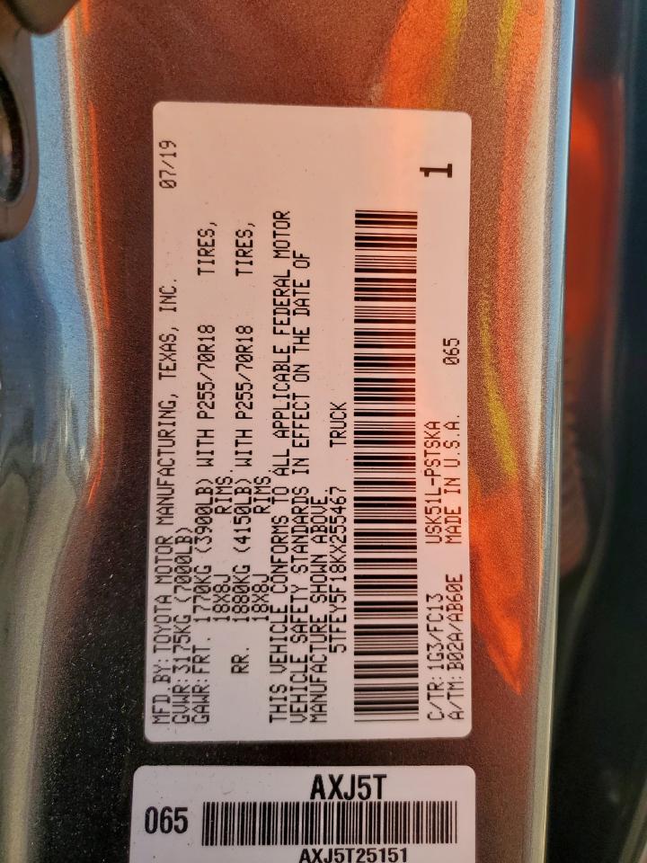 2019 Toyota Tundra Crewmax Sr5 VIN: 5TFEY5F18KX255467 Lot: 68189285