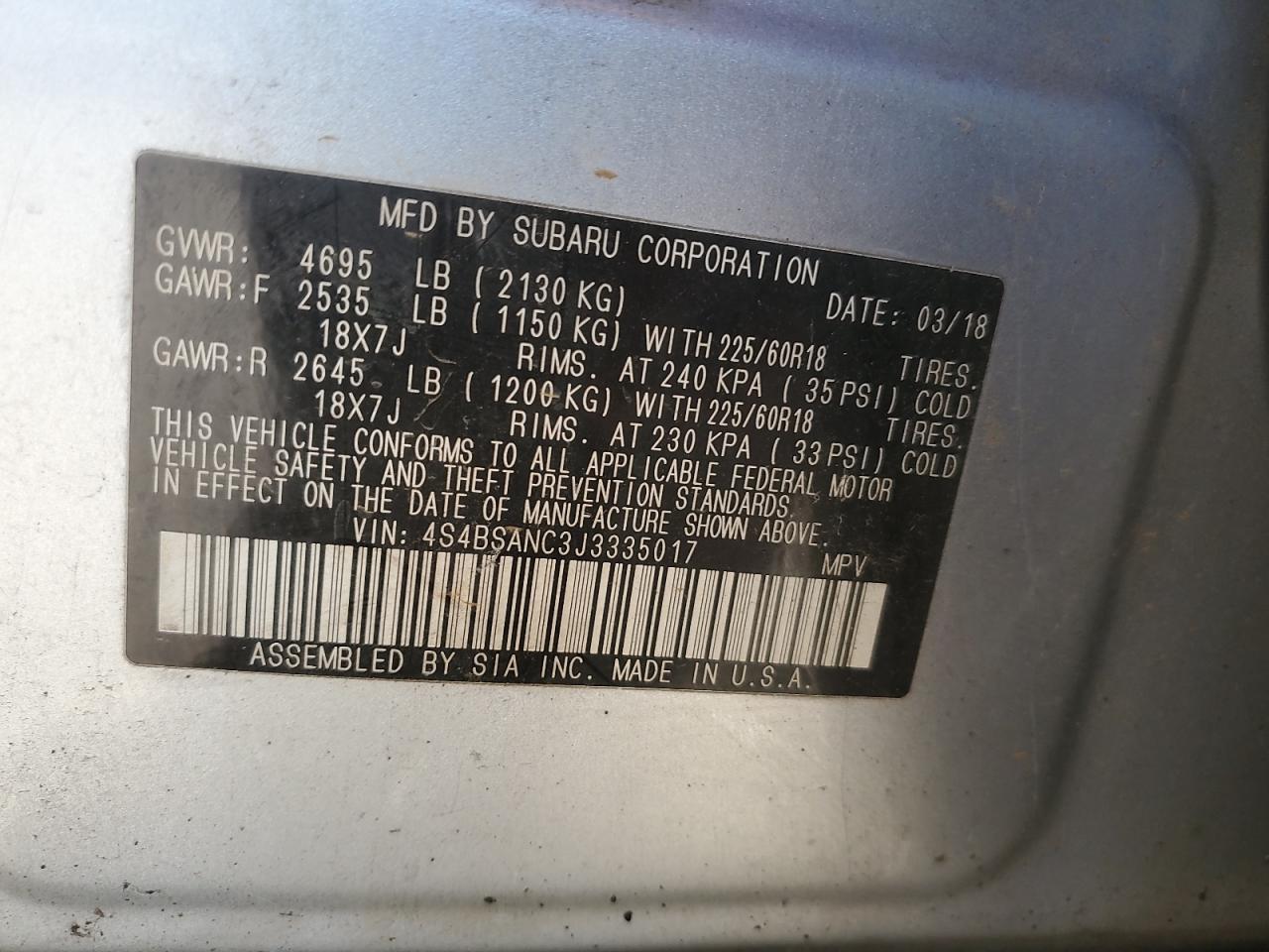 2018 Subaru Outback 2.5I Limited VIN: 4S4BSANC3J3335017 Lot: 69614655