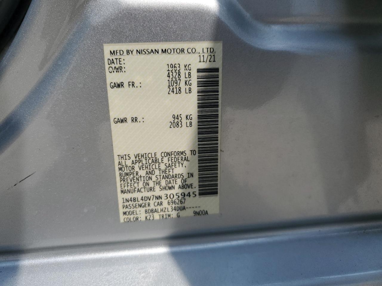 2022 Nissan Altima Sv VIN: 1N4BL4DV7NN305945 Lot: 67128975