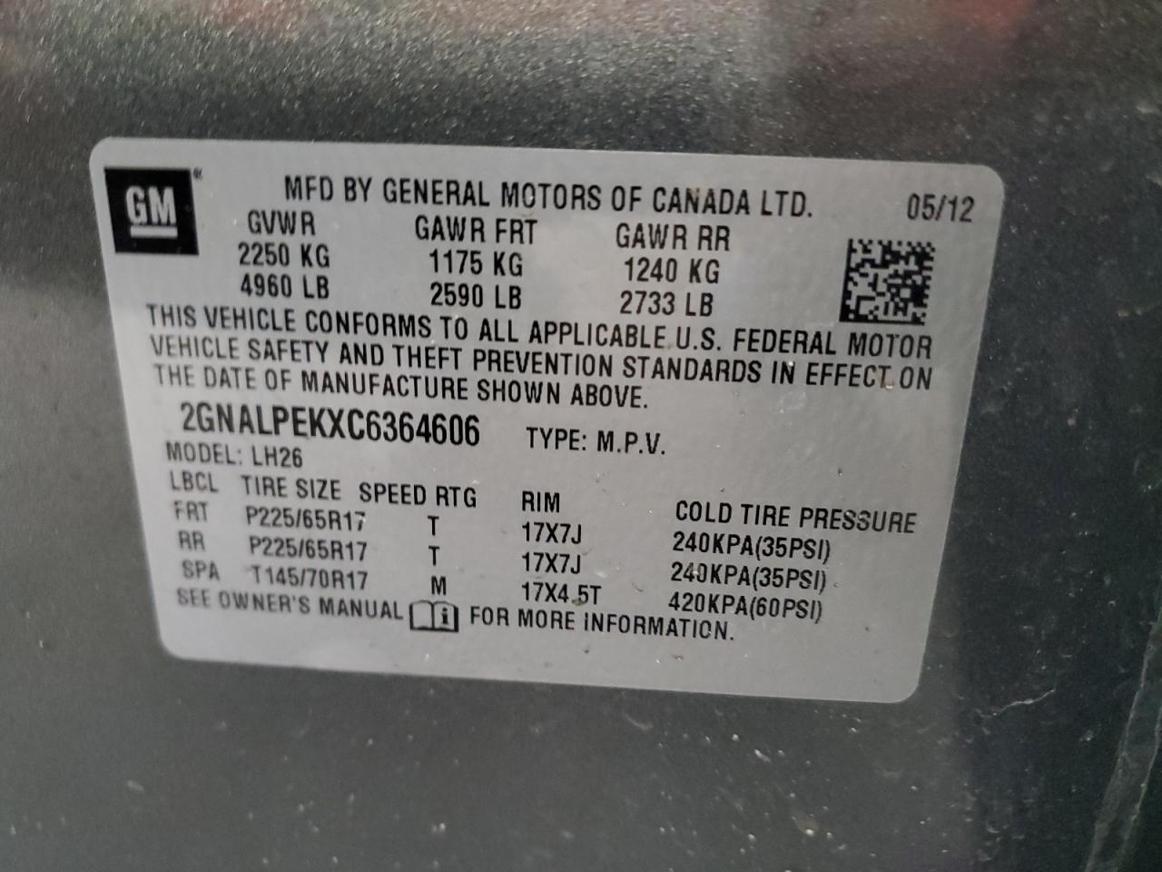 2012 Chevrolet Equinox Lt VIN: 2GNALPEKXC6364606 Lot: 68106485
