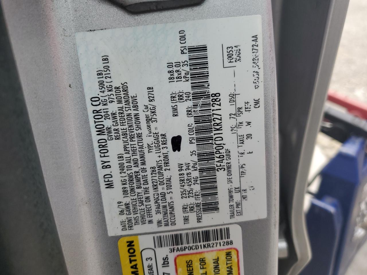 2019 Ford Fusion Sel VIN: 3FA6P0CD1KR271288 Lot: 66945405