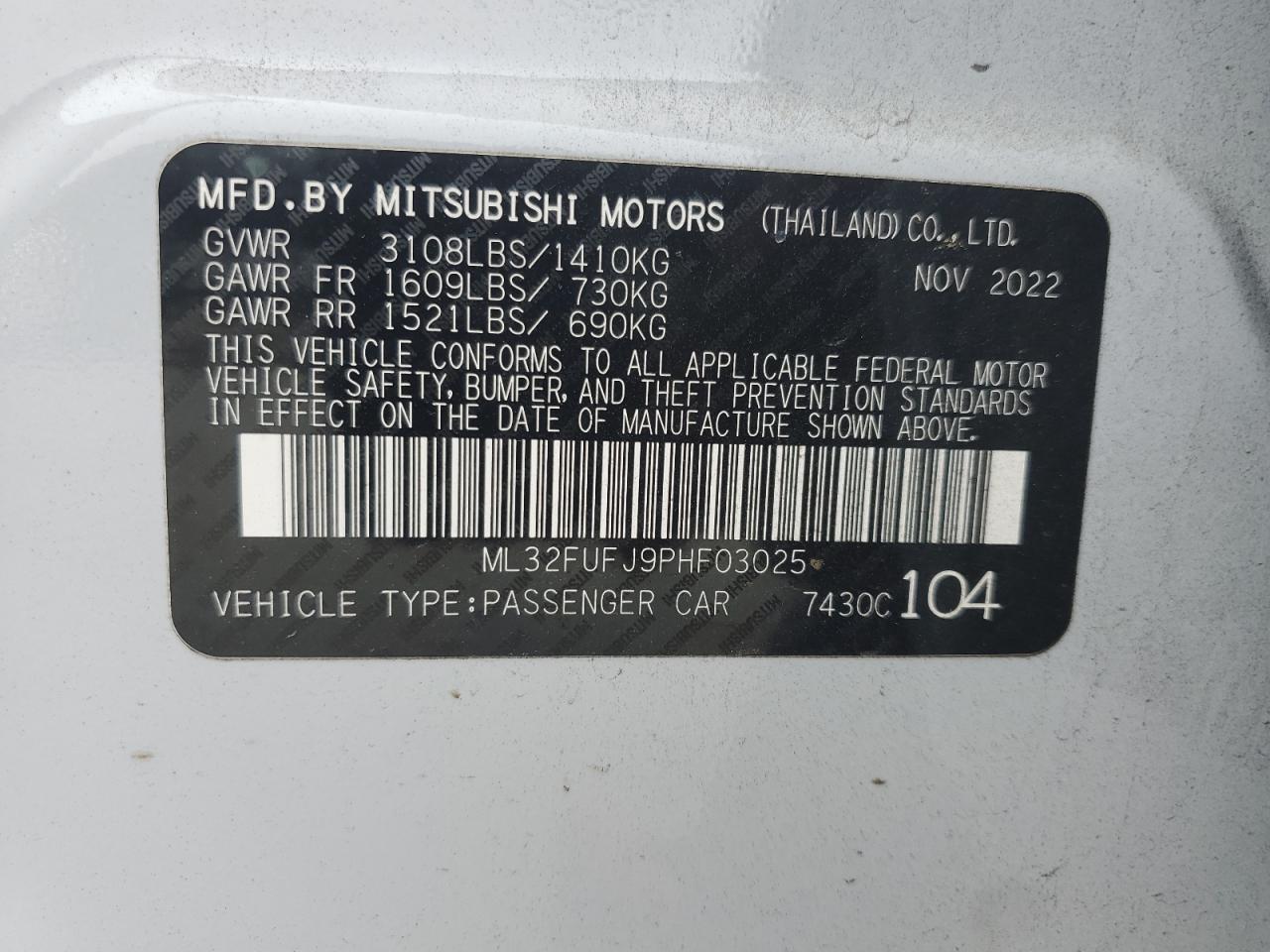 2023 Mitsubishi Mirage G4 Es VIN: ML32FUFJ9PHF03025 Lot: 67521455