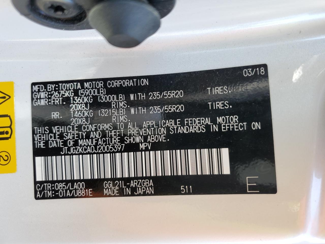 2018 Lexus Rx 350 L VIN: JTJGZKCA0J2005397 Lot: 70126735