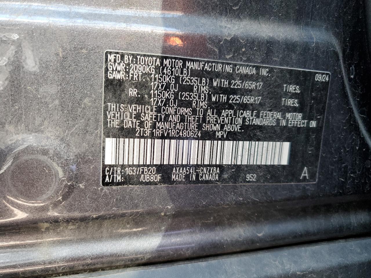 2024 Toyota Rav4 Le VIN: 2T3F1RFV1RC480624 Lot: 69685395