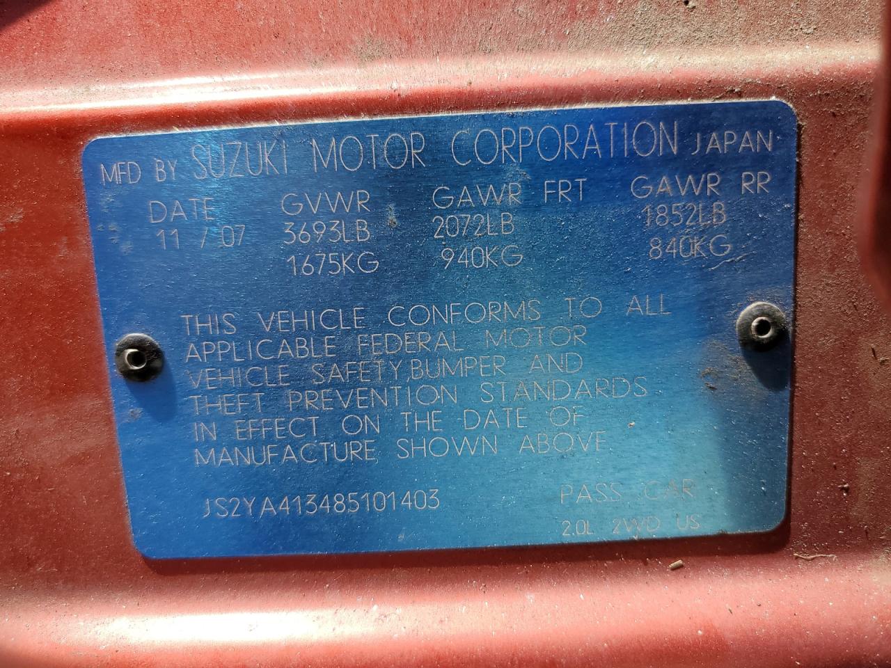 2008 Suzuki Sx4 Base VIN: JS2YA413485101403 Lot: 68938535