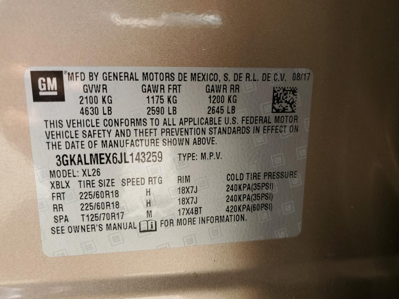 2018 GMC Terrain Sle VIN: 3GKALMEX6JL143259 Lot: 65309355