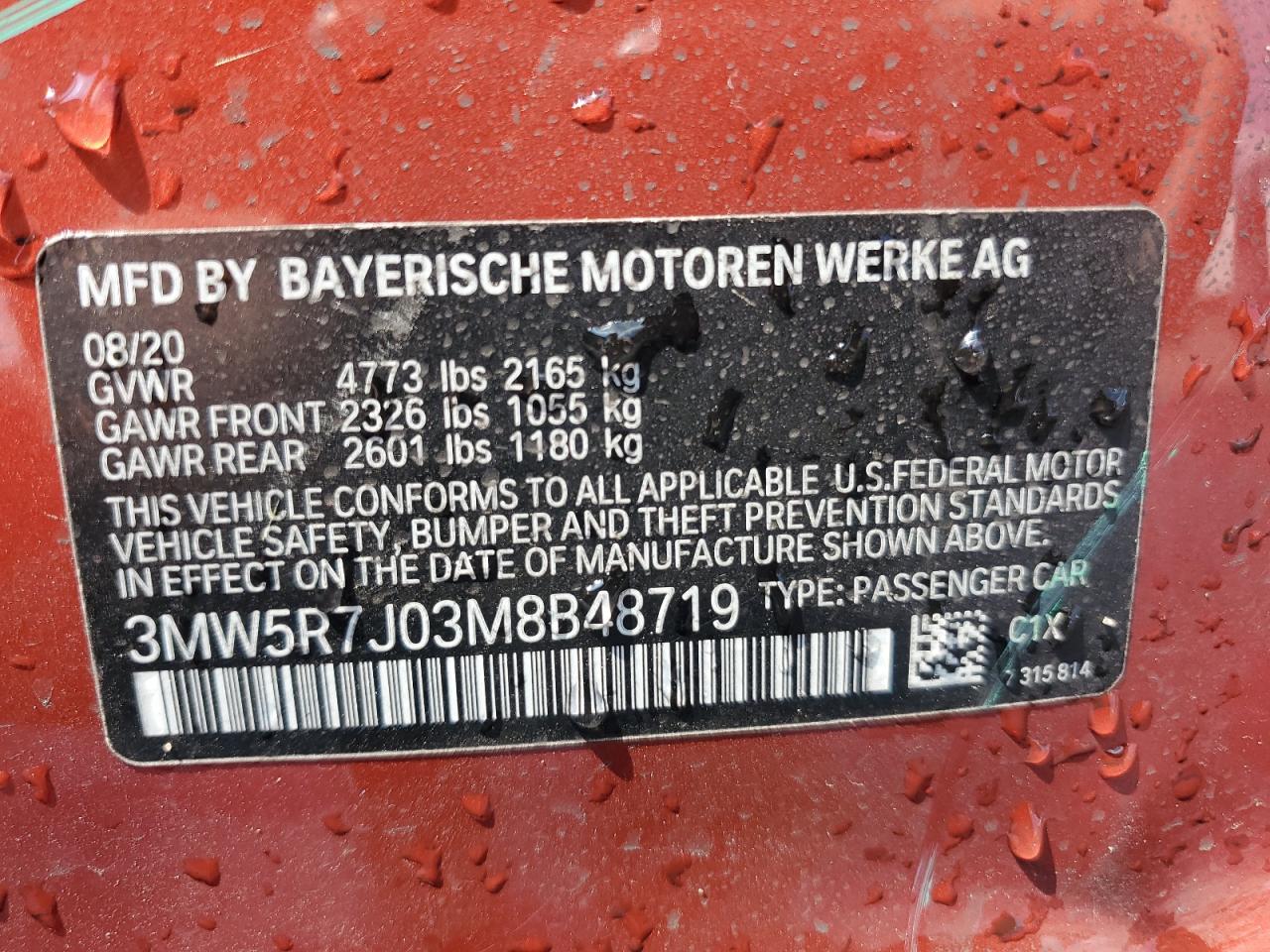 2021 BMW 330Xi VIN: 3MW5R7J03M8B48719 Lot: 68839875