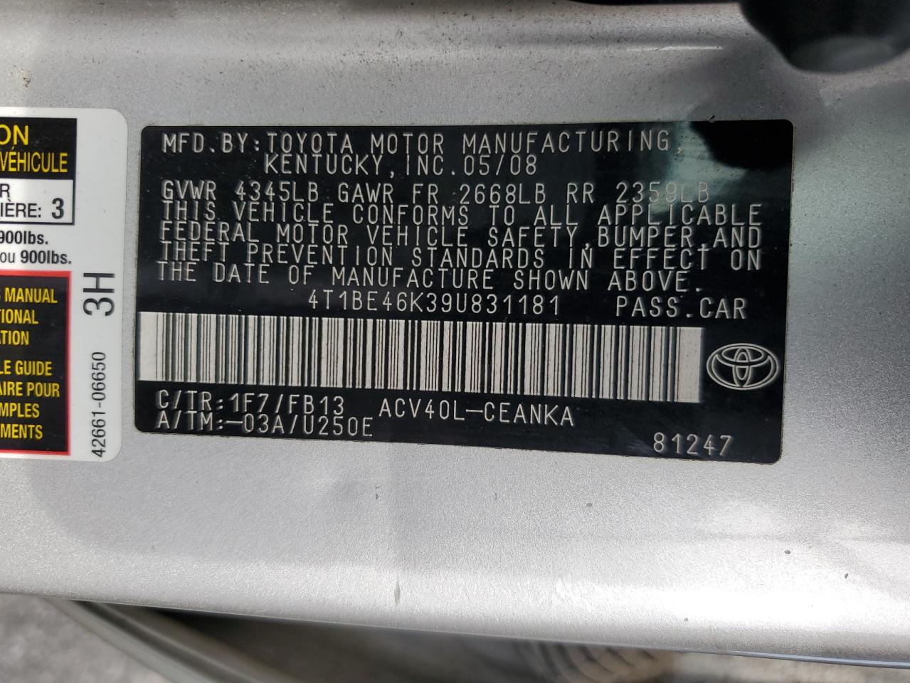 2009 Toyota Camry Base VIN: 4T1BE46K39U831181 Lot: 68864365