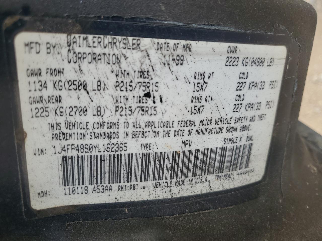 2000 Jeep Cherokee Sport VIN: 1J4FF48S0YL162365 Lot: 70168385