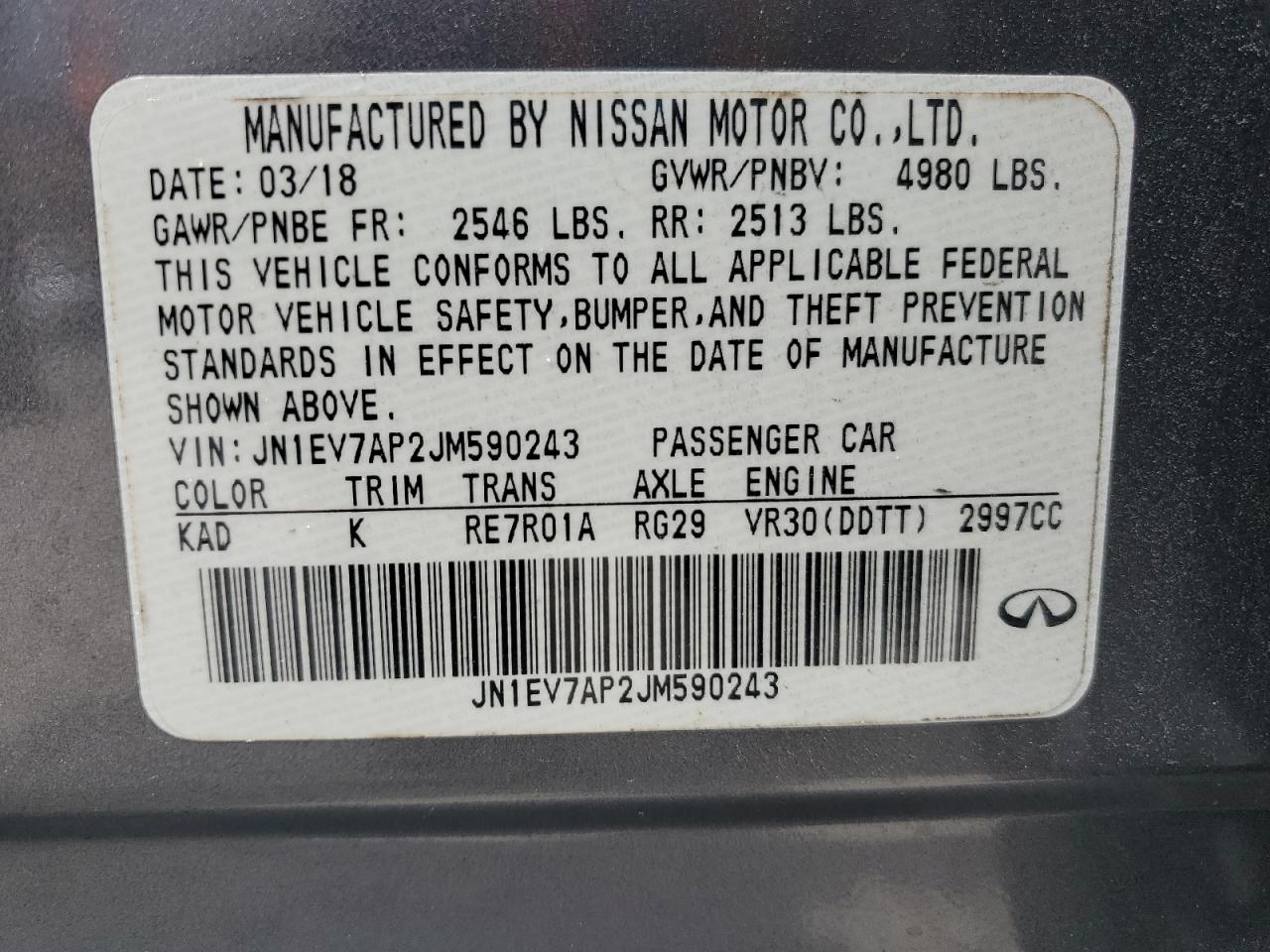 2018 Infiniti Q50 Luxe VIN: JN1EV7AP2JM590243 Lot: 67963825