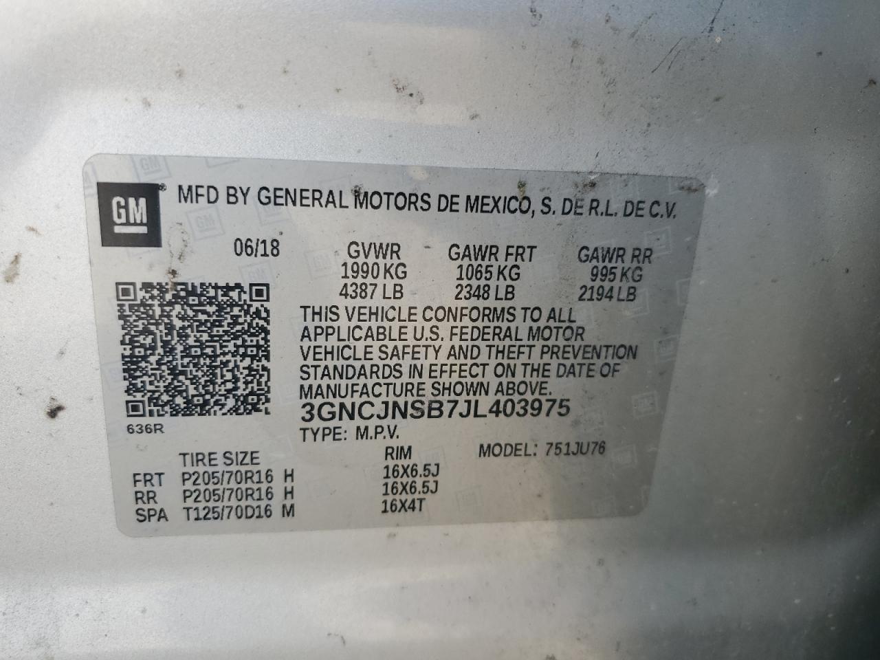 2018 Chevrolet Trax Ls VIN: 3GNCJNSB7JL403975 Lot: 67943755