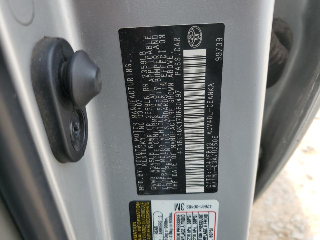 2007 Toyota Camry Ce VIN: 4T1BE46K17U680497 Lot: 69815195