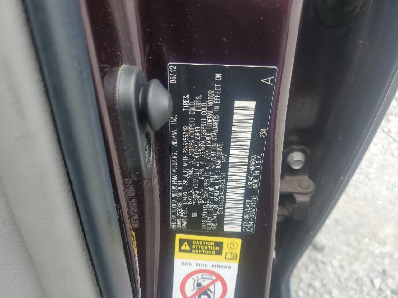 2012 Toyota Highlander Limited VIN: 5TDYK3EH4CS083351 Lot: 68914195