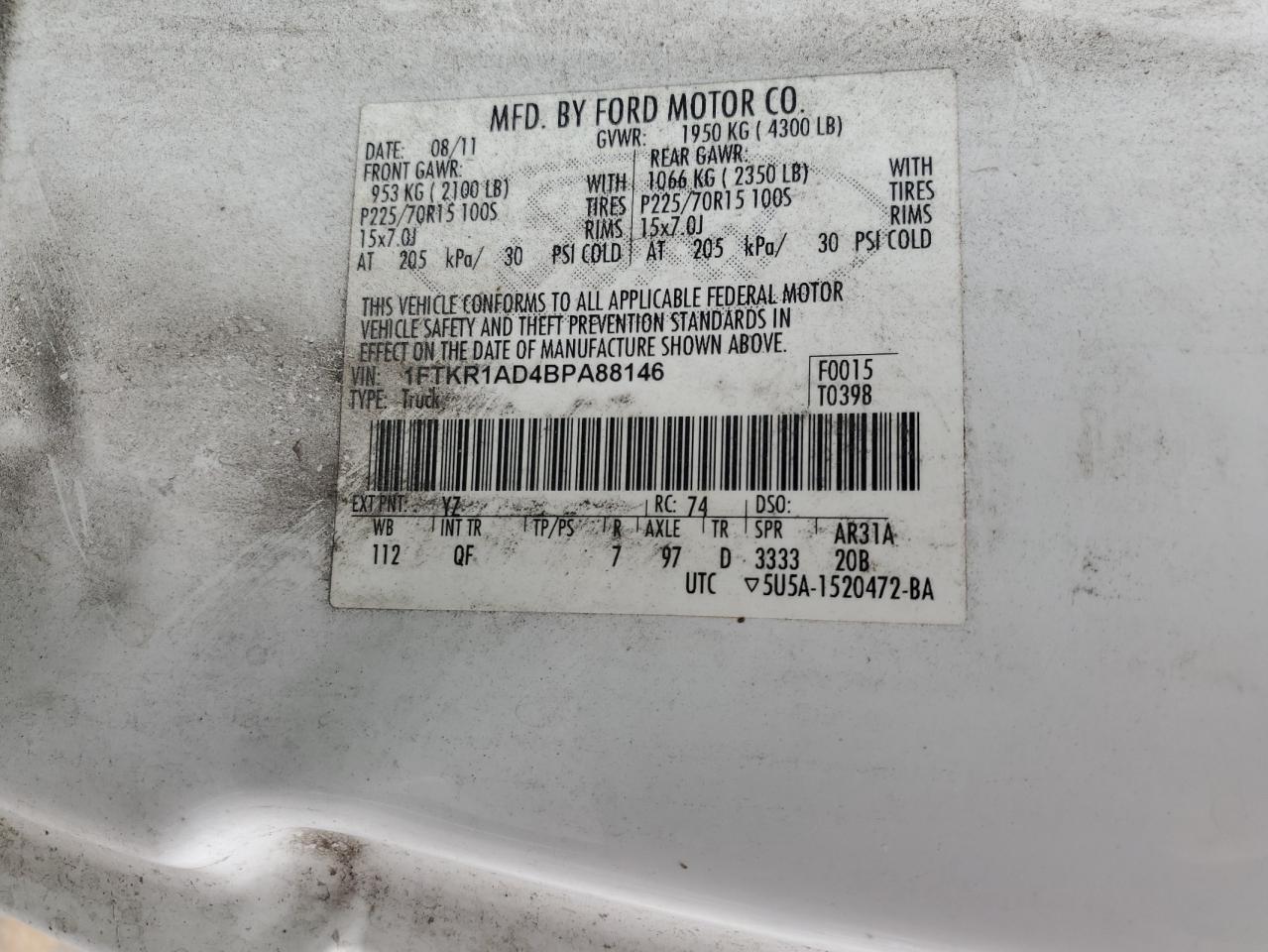 2011 Ford Ranger VIN: 1FTKR1AD4BPA88146 Lot: 69970835