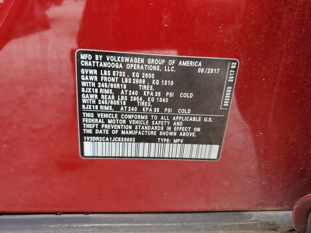 2018 Volkswagen Atlas Se VIN: 1V2DR2CA1JC523002 Lot: 70725065