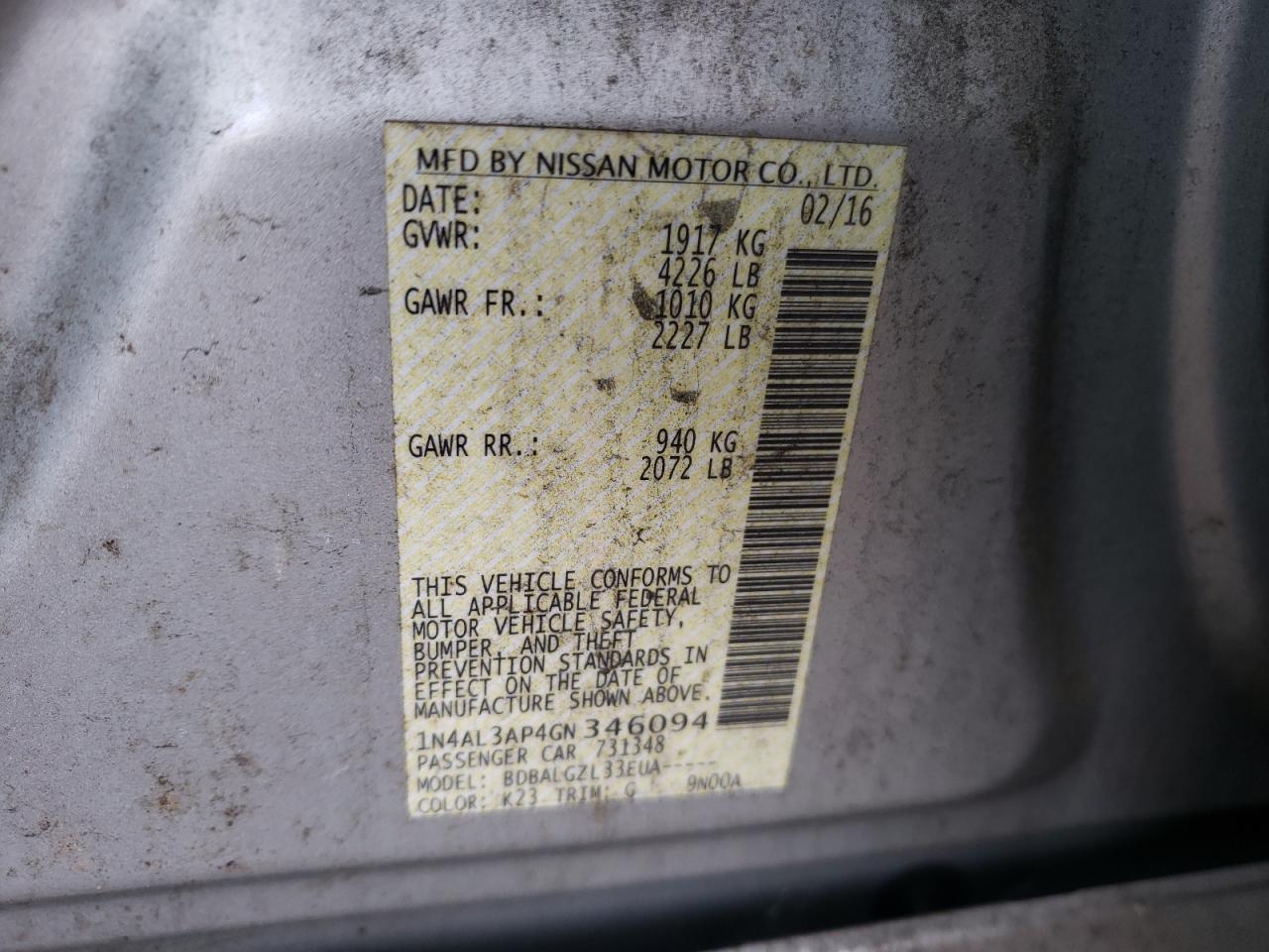 2016 Nissan Altima 2.5 VIN: 1N4AL3AP4GN346094 Lot: 89681485