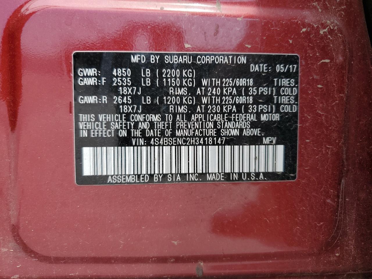 2017 Subaru Outback 3.6R Limited VIN: 4S4BSENC2H3418147 Lot: 69877015