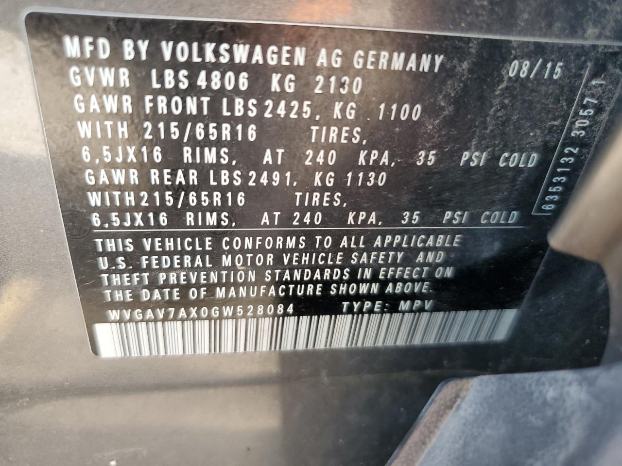 2016 Volkswagen Tiguan S VIN: WVGAV7AX0GW528084 Lot: 67536985