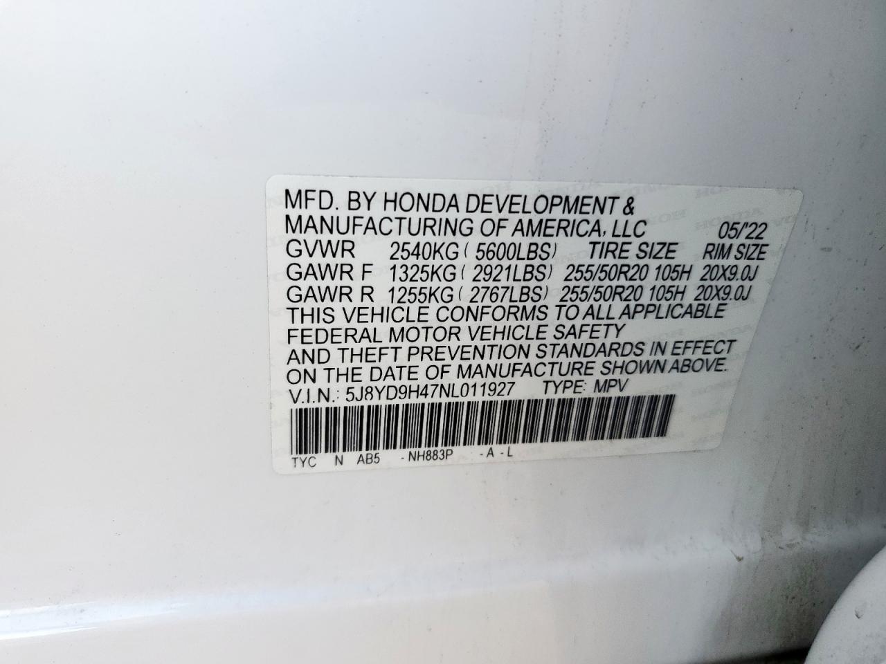 2022 Acura Mdx Technology VIN: 5J8YD9H47NL011927 Lot: 69447165