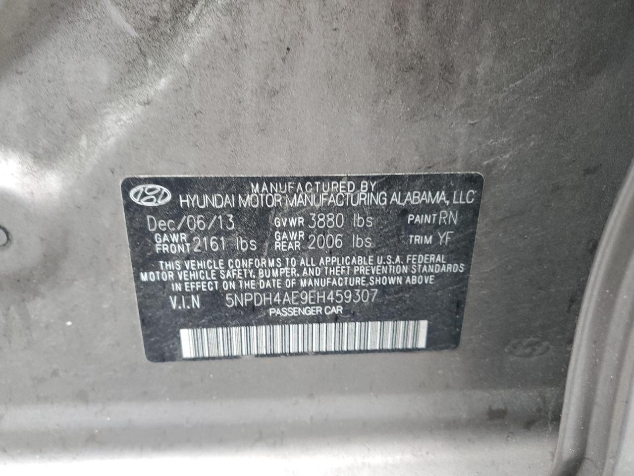 2014 Hyundai Elantra Se VIN: 5NPDH4AE9EH459307 Lot: 69838445