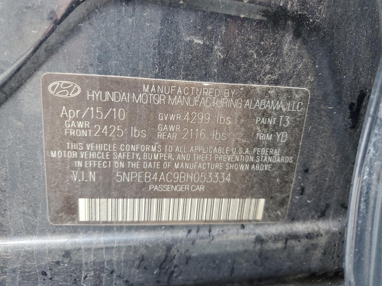 2011 Hyundai Sonata Gls VIN: 5NPEB4AC9BH053334 Lot: 69627225