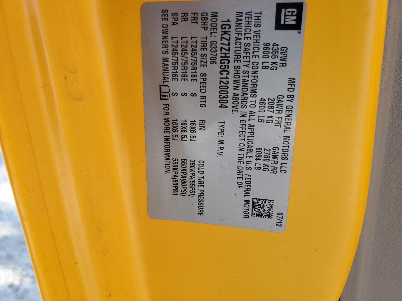 2012 GMC Savana G3500 Ls VIN: 1GKZ7ZHG5C1200304 Lot: 81656245