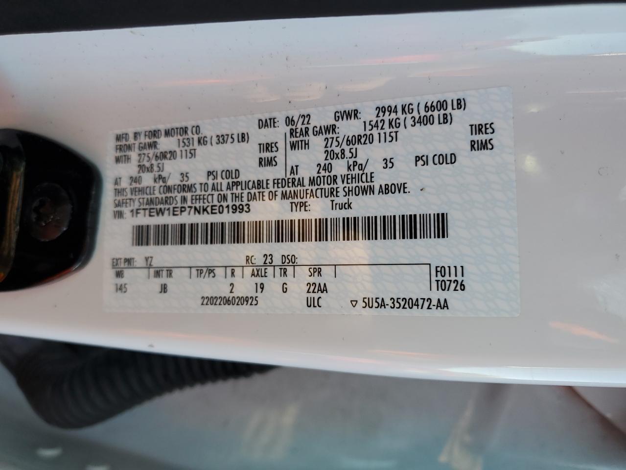 2022 Ford F150 Supercrew VIN: 1FTEW1EP7NKE01993 Lot: 70202345