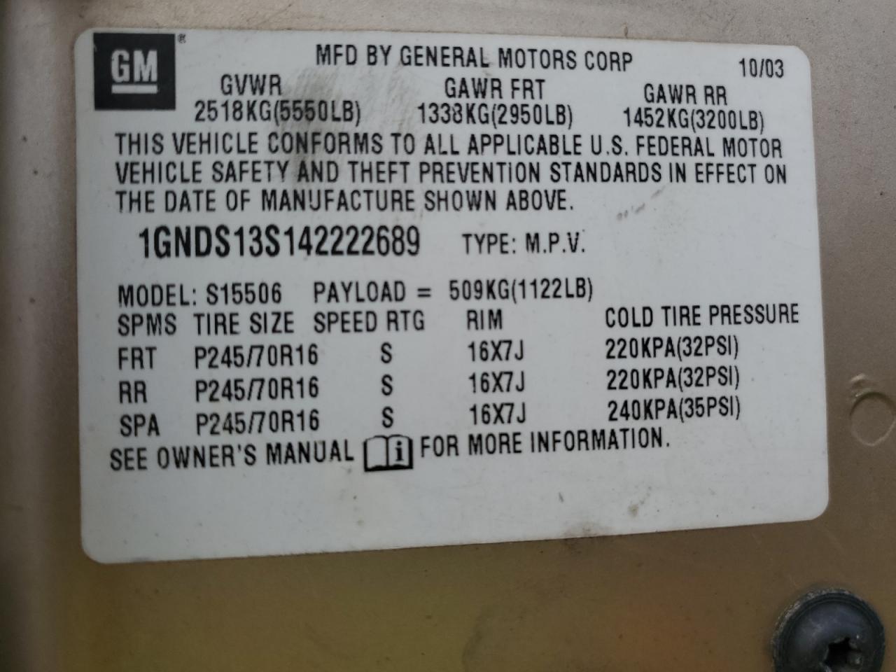 2004 Chevrolet Trailblazer Ls VIN: 1GNDS13S142222689 Lot: 70221305