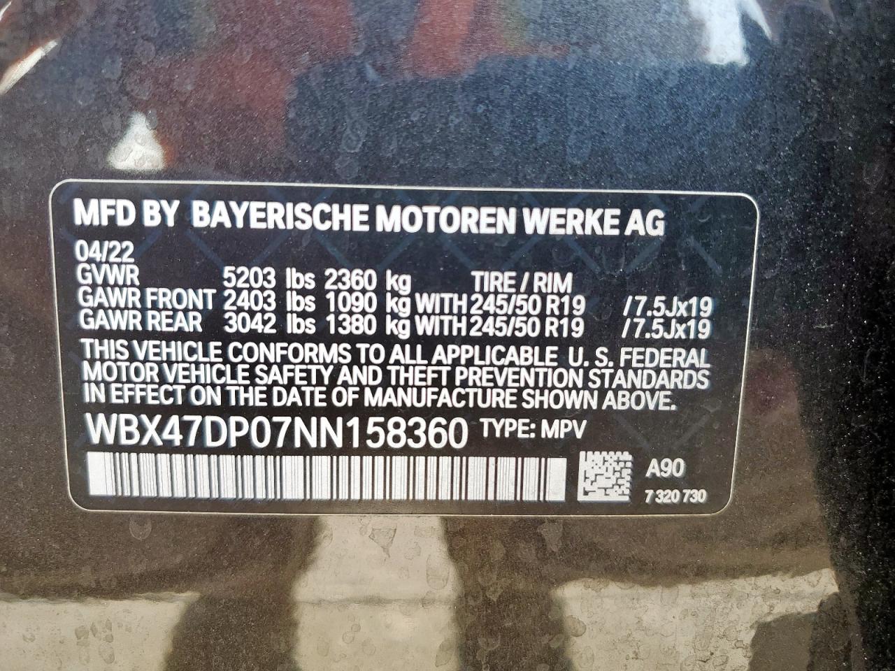2022 BMW X3 Sdrive30I VIN: WBX47DP07NN158360 Lot: 67975425
