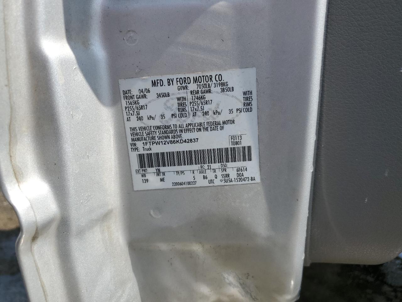 2006 Ford F150 Supercrew VIN: 1FTPW12V86KD42837 Lot: 70551295