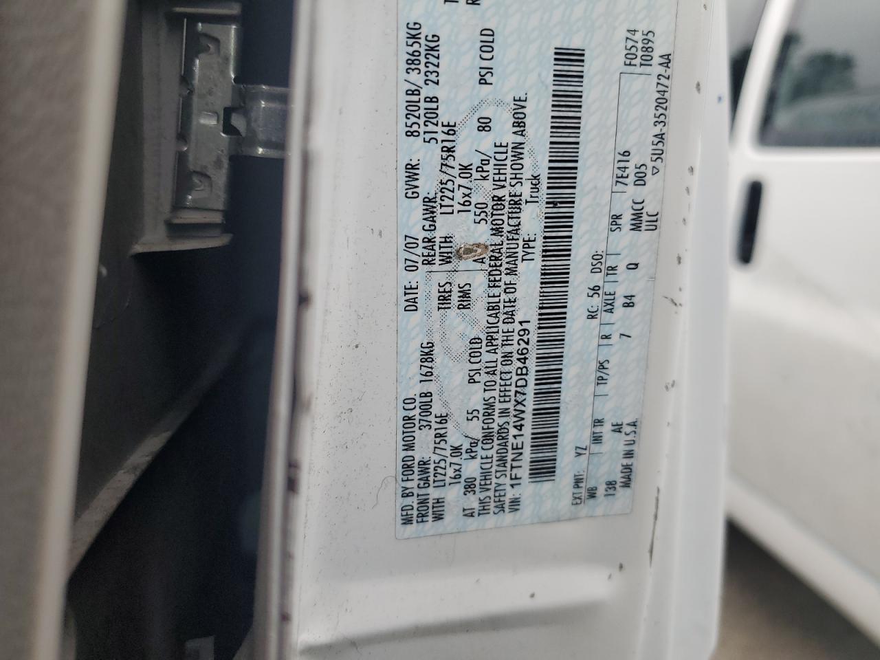 2007 Ford Econoline E150 Van VIN: 1FTNE14WX7DB46291 Lot: 67745905