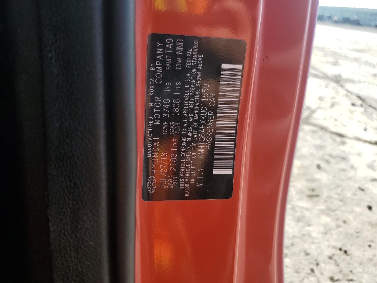 2019 Hyundai Veloster Base VIN: KMHTG6AFXKU011559 Lot: 67303175