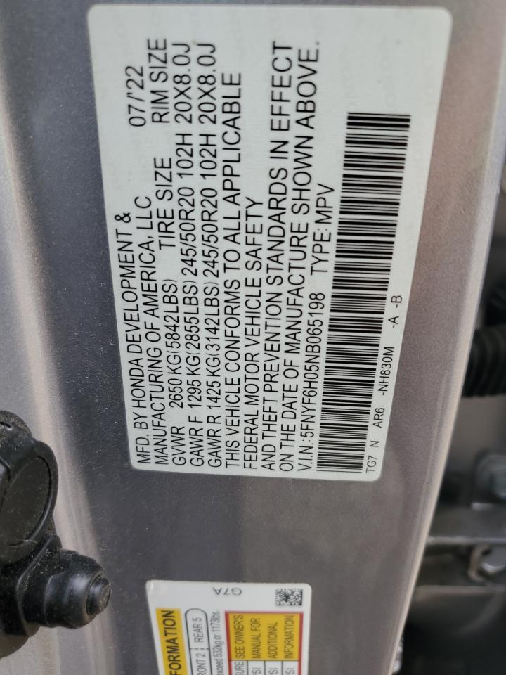 2022 Honda Pilot Elite VIN: 5FNYF6H05NB065198 Lot: 66150525