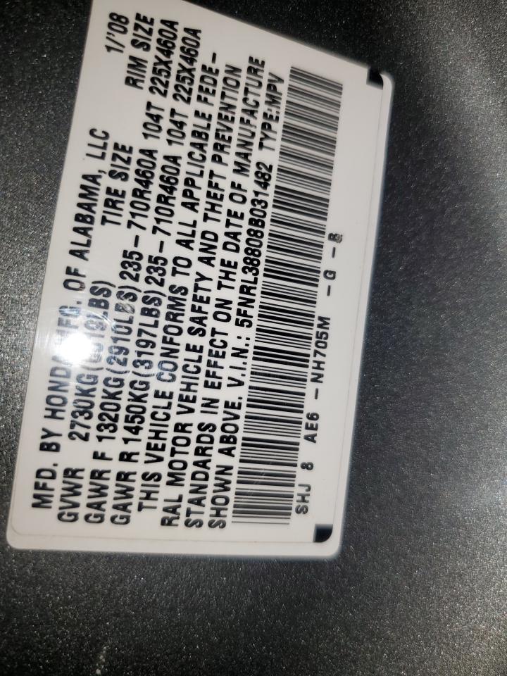 2008 Honda Odyssey Touring VIN: 5FNRL38808B031482 Lot: 70598165