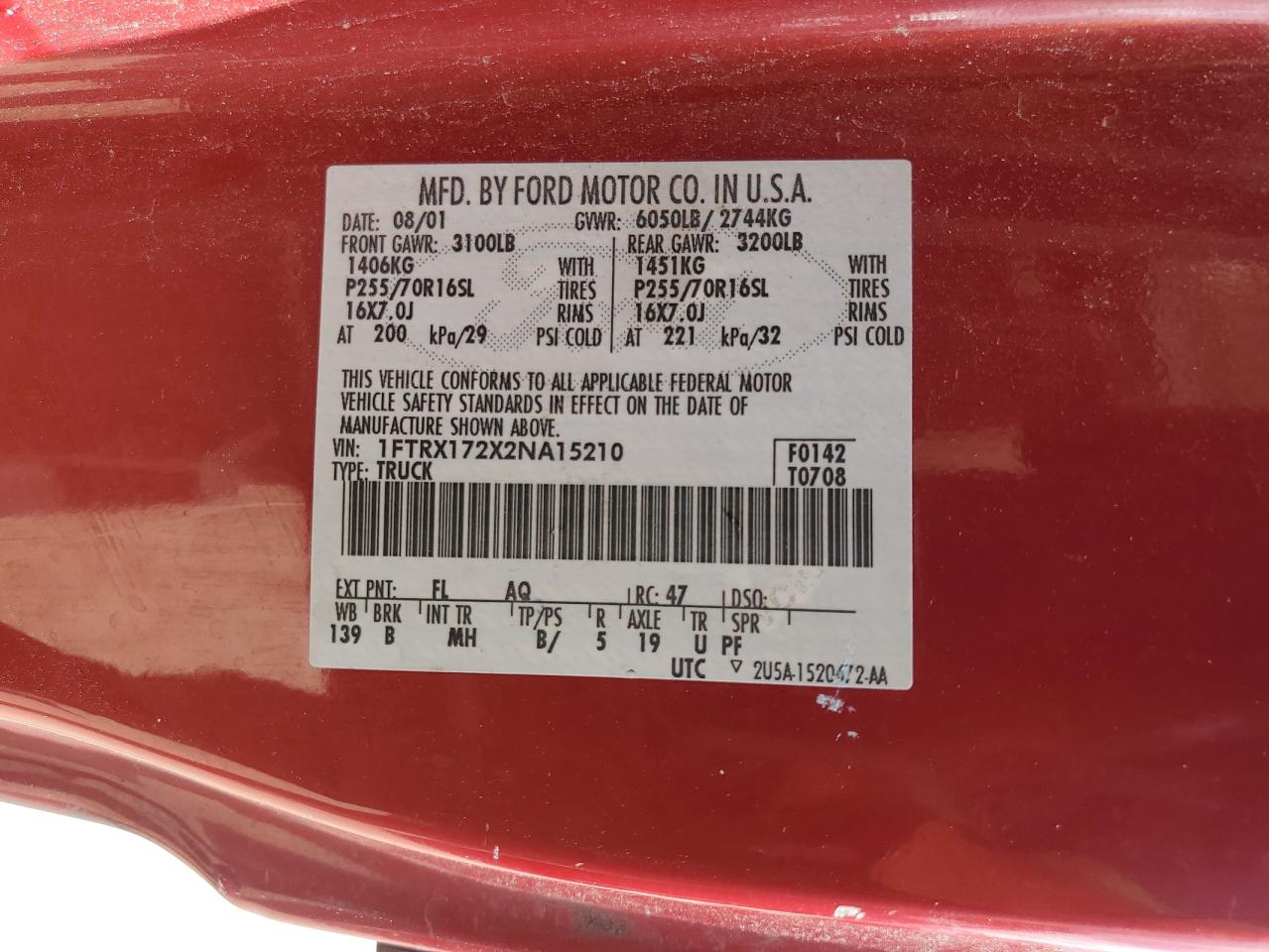 2002 Ford F150 VIN: 1FTRX172X2NA15210 Lot: 69617895
