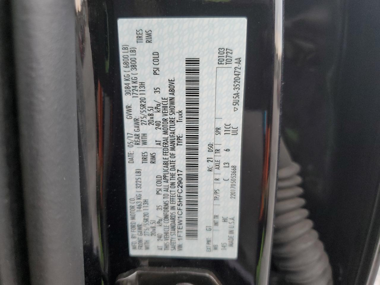 2017 Ford F150 Supercrew VIN: 1FTEW1CF5HFC29017 Lot: 69968385