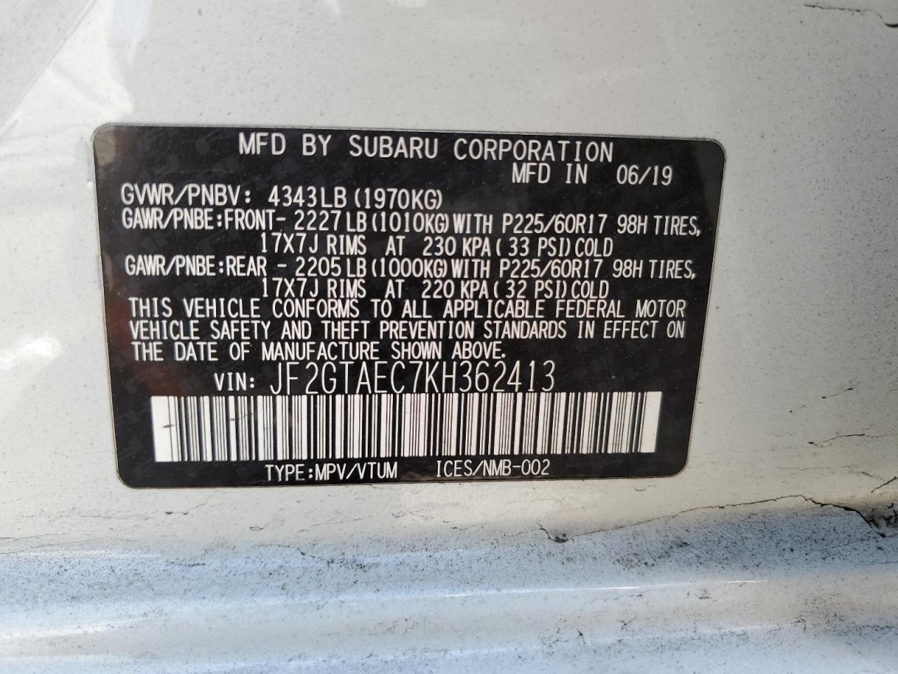 2019 Subaru Crosstrek Premium VIN: JF2GTAEC7KH362413 Lot: 67377785