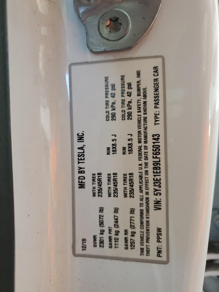 2020 Tesla Model 3 VIN: 5YJ3E1EB9LF650143 Lot: 69444085