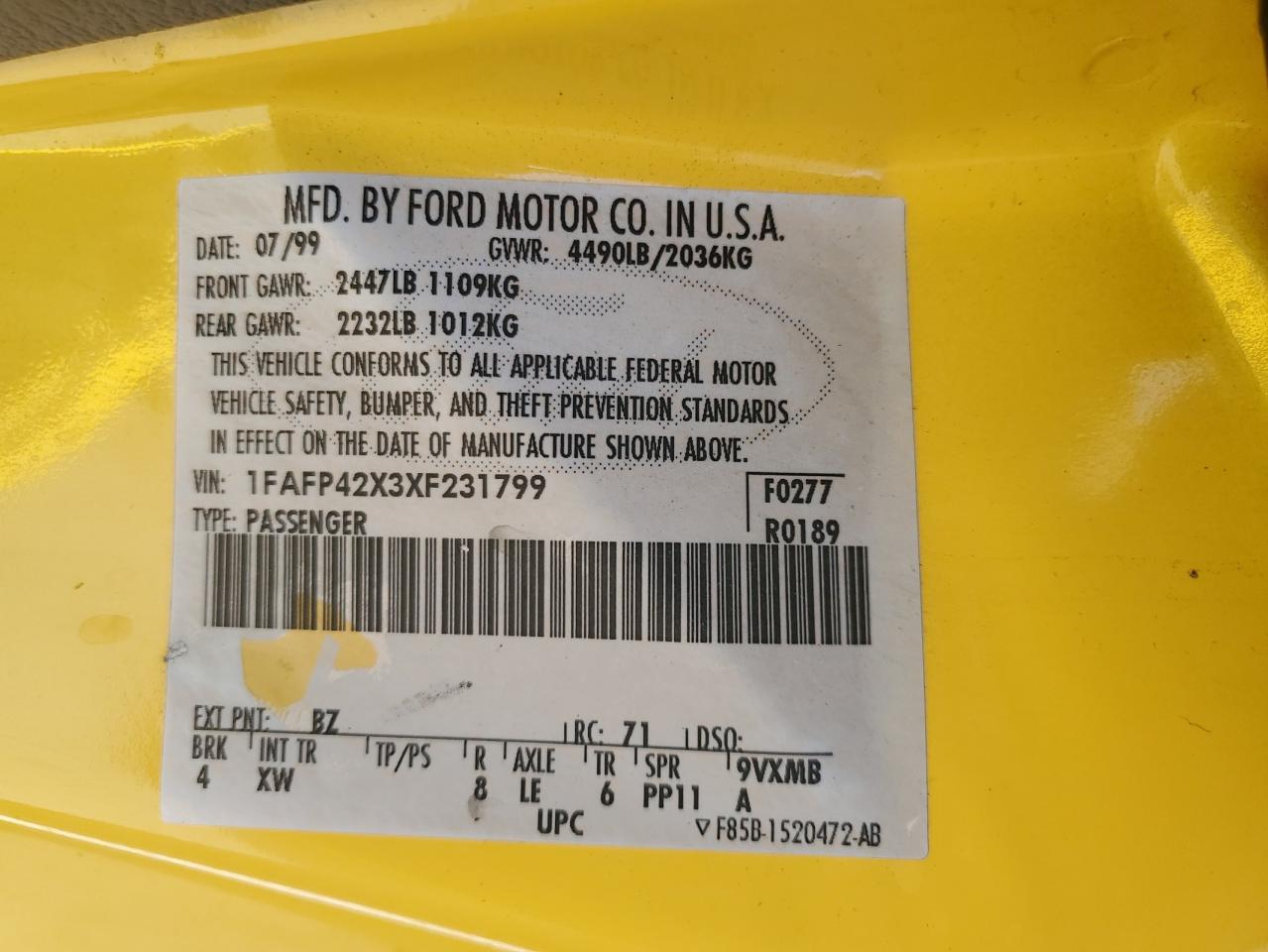 1999 Ford Mustang Gt Roush VIN: 1FAFP42X3XF231799 Lot: 69989935