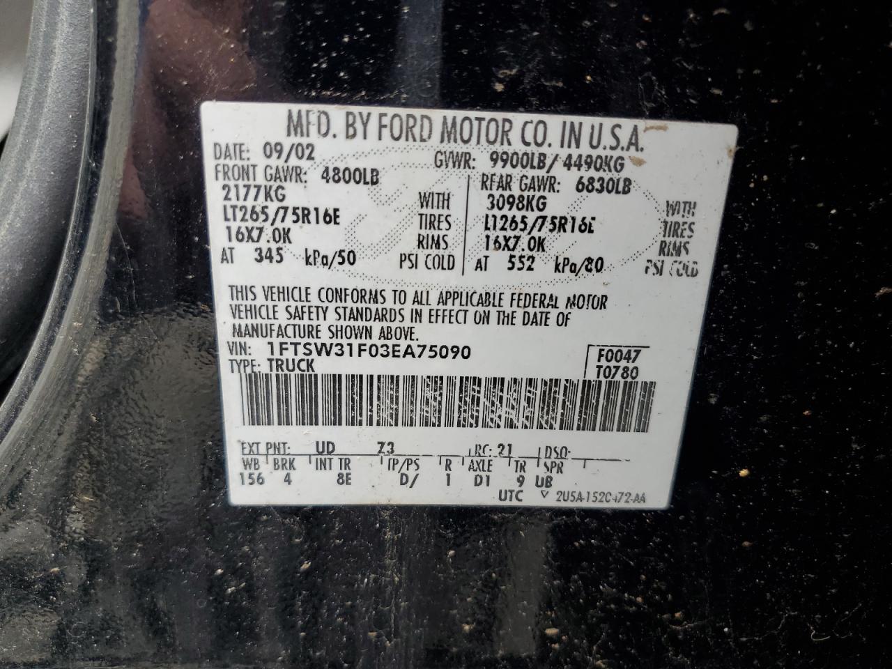 2003 Ford F350 Srw Super Duty VIN: 1FTSW31F03EA75090 Lot: 69403095