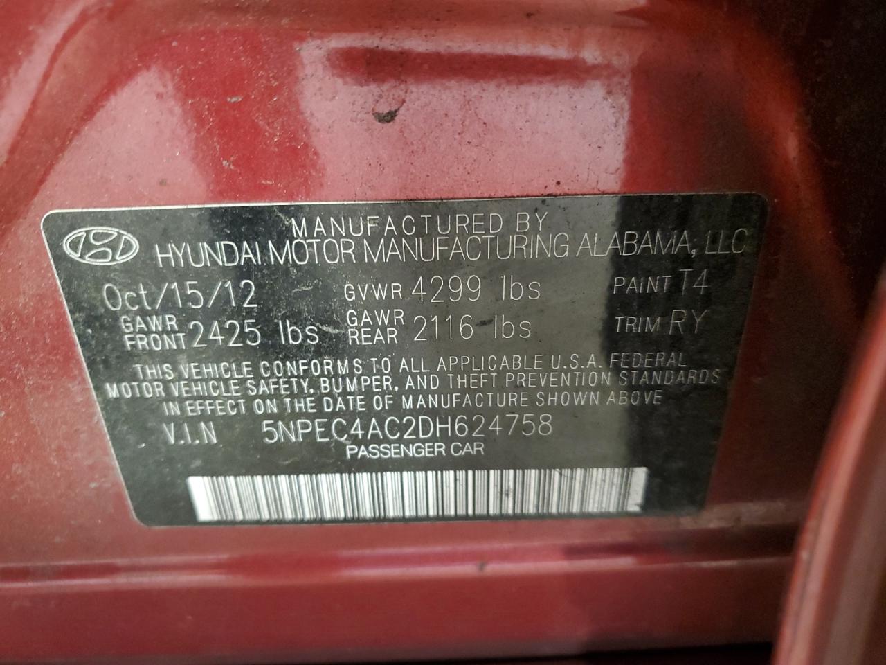 2013 Hyundai Sonata Se VIN: 5NPEC4AC2DH624758 Lot: 69347105