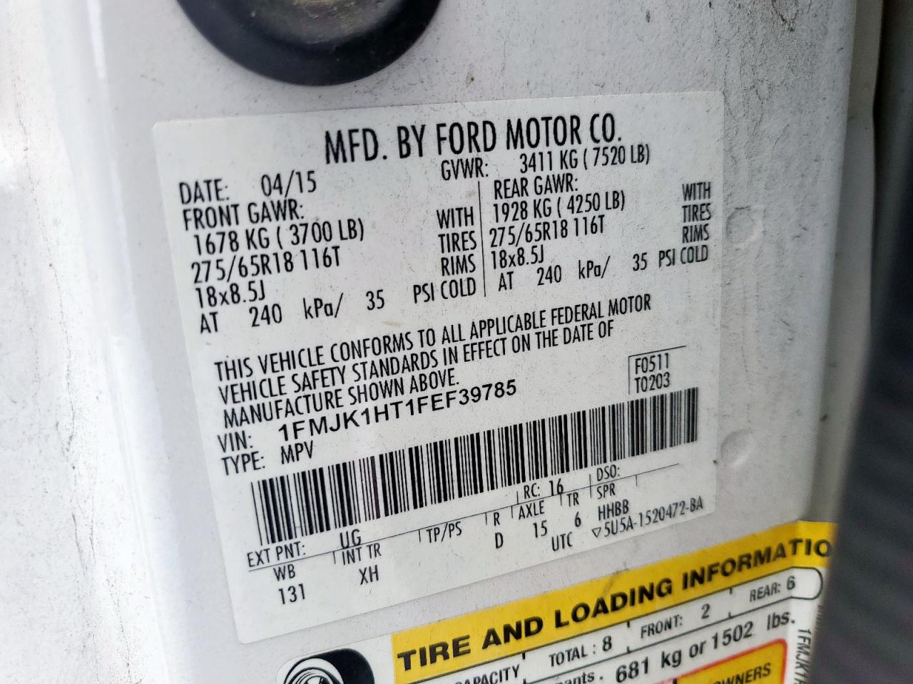 2015 Ford Expedition El Xlt VIN: 1FMJK1HT1FEF39785 Lot: 69659405