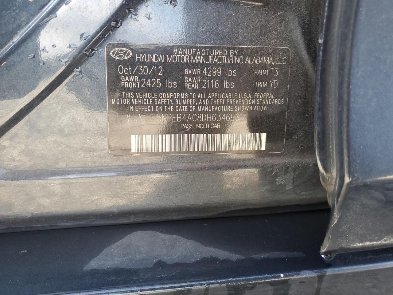 2013 Hyundai Sonata Gls VIN: 5NPEB4AC8DH634696 Lot: 68655845