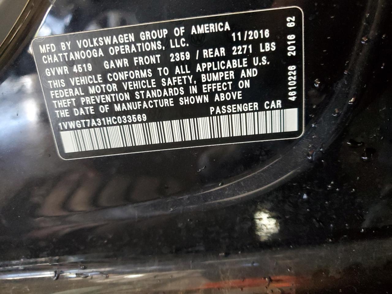 2017 Volkswagen Passat Se VIN: 1VWGT7A31HC033569 Lot: 69021485