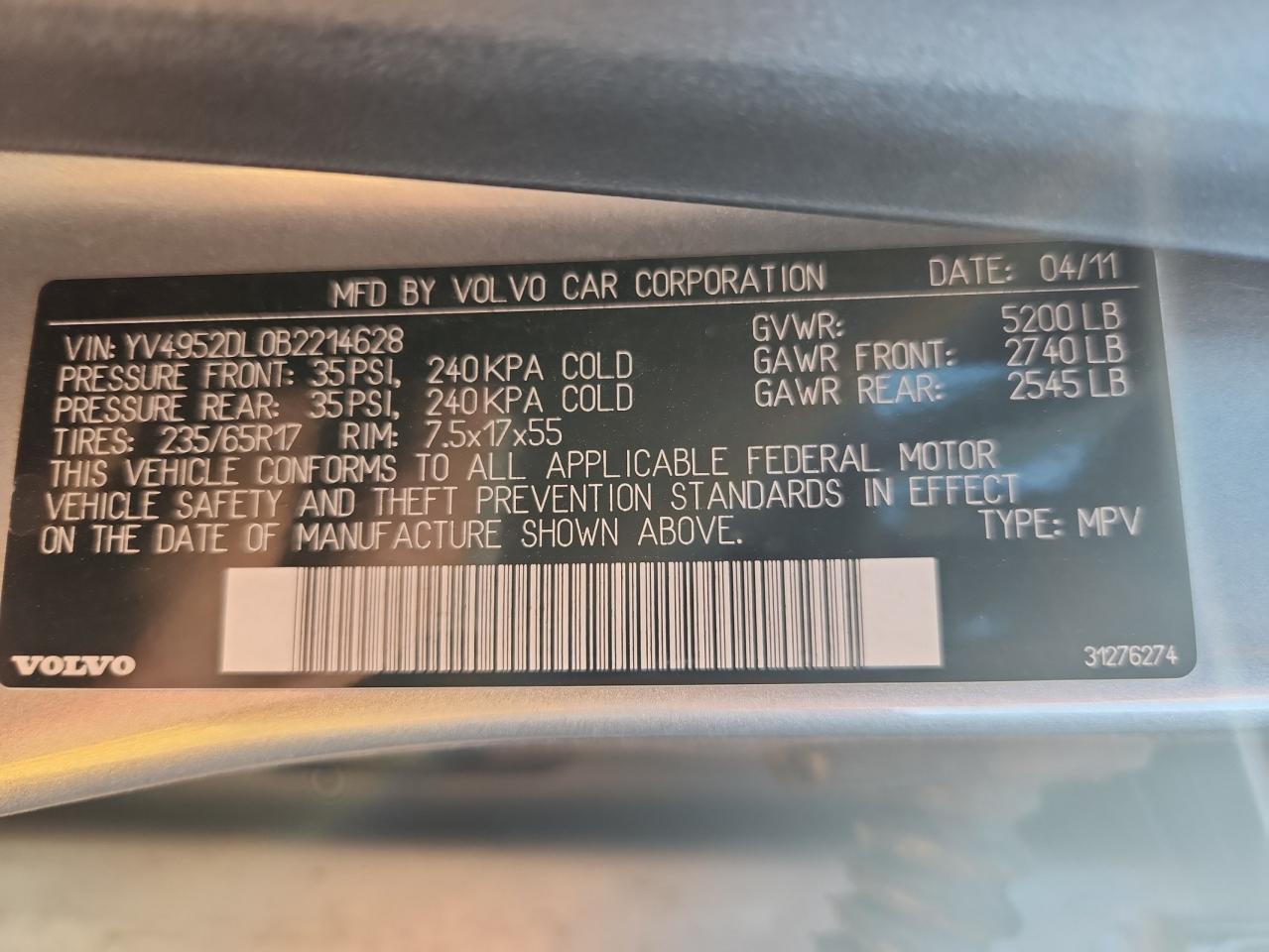 2011 Volvo Xc60 3.2 VIN: YV4952DL0B2214628 Lot: 69550345