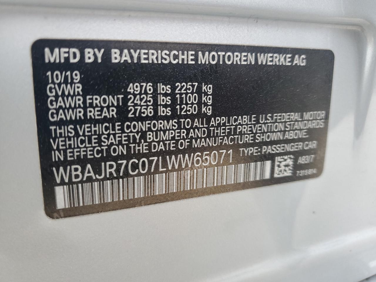 2020 BMW 530 Xi VIN: WBAJR7C07LWW65071 Lot: 67734505